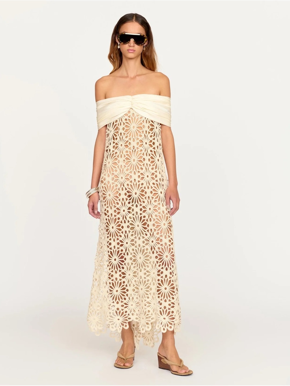 NWT - Eliou Romi Slip Off-Shoulder Crochet Maxi Dress in Cream